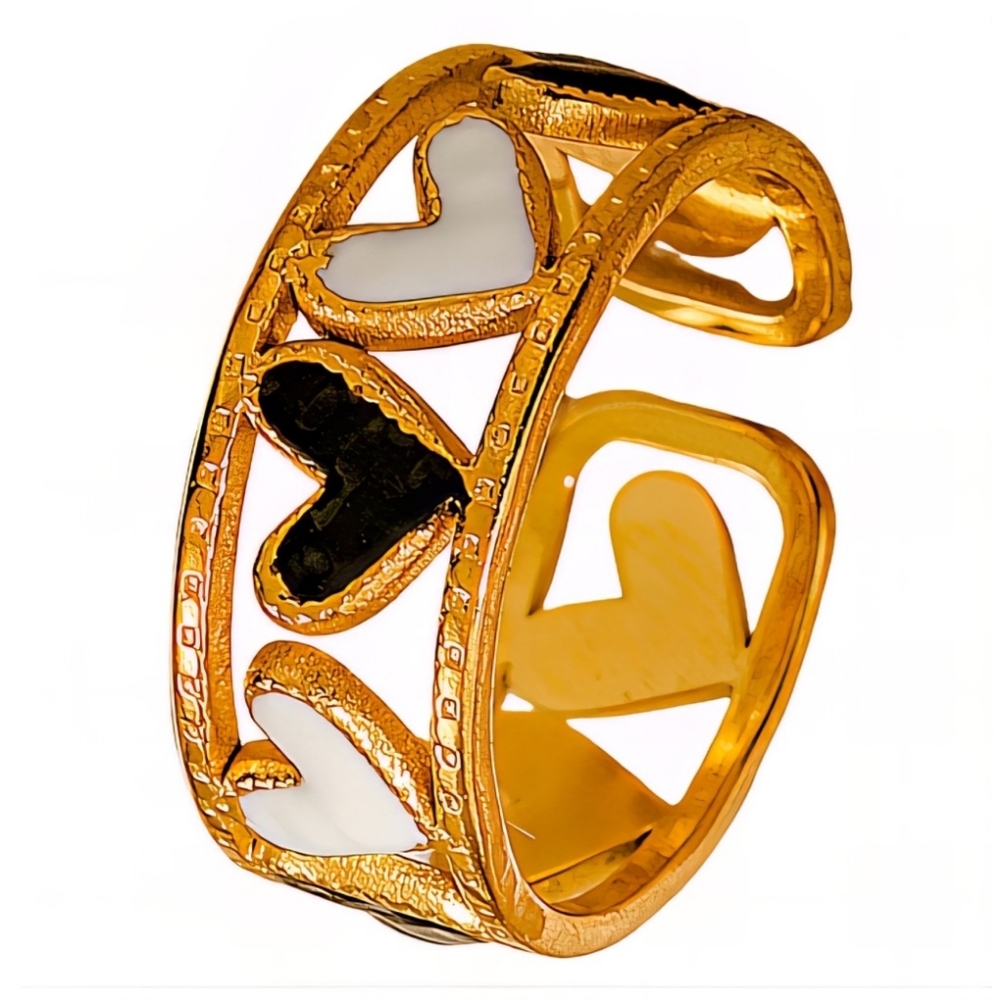 Gold Heart Ring with Black and White Accents